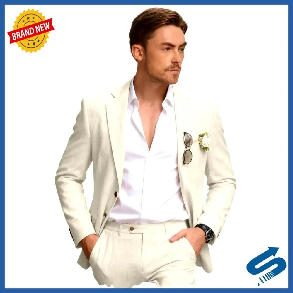 Men's Slim Fit Linen Blend Suit 2-Piece Set Formal Casual Wedding
